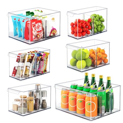 Clear Plastic Storage Bins with Dividers for Fridge Pantry Organizers and Storage Containers, 6 Pack Acrylic Stackable Sturdy Storage Boxes for Home Edit and Cabinet Organizers 6" High, C6-3 - style: 2 Small+1 Large+2 Medium+1 Extra Large