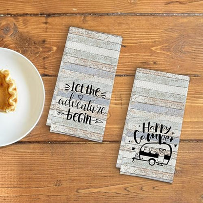 Rustic Camping Kitchen Towels Set of 2, Happy Camper Dish Towels, Hand Towels for RV, Decor and Gifts for Women, 16x24 Inch