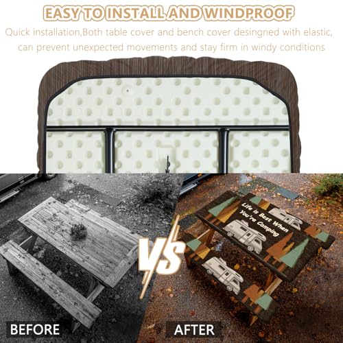 Picnic Table Cover with Bench Covers Elastic Edges, Outdoor Patio Camping Essentials 72 Inch 3PCS, Waterproof Camping Fitted Tablecloth with Handbags (Life is Best When You're Camping) - color: Wooden Camping Trailer, size: 72" x 30" (Rectangular)