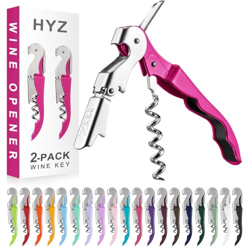 HYZ 2-Pack Wine Opener Waiter Corkscrew, Professional Wine Key for Servers, Bartender with Foil Cutter, Manual Wine Bottle Opener Double Hinged (Fuchsia) - color: Fuchsia