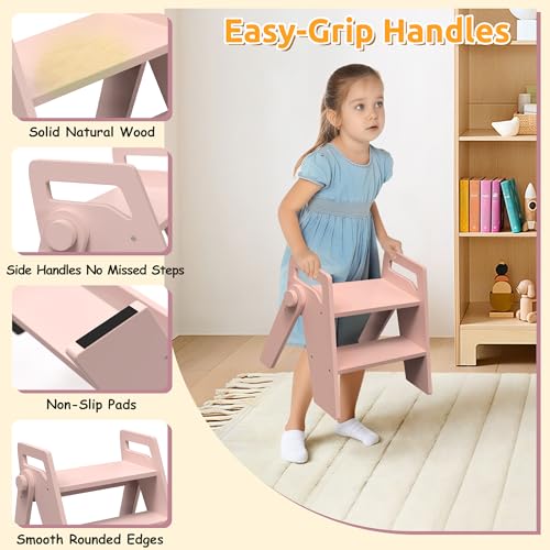 Wooden 2 Step Stool for Toddler Kids Bathroom Foldable 2-Step for Toilet Potty Training, Child Stepping Stool for Kitchen Nursery Bedroom Pink - color: Pink