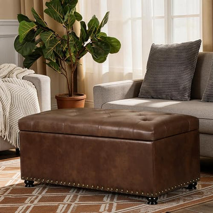 Joveco Storage Ottoman Bench 35" Faux-Leather Rectangular Tufted Ottomans Storage Room Organizer (Caramel) - color: Caramel