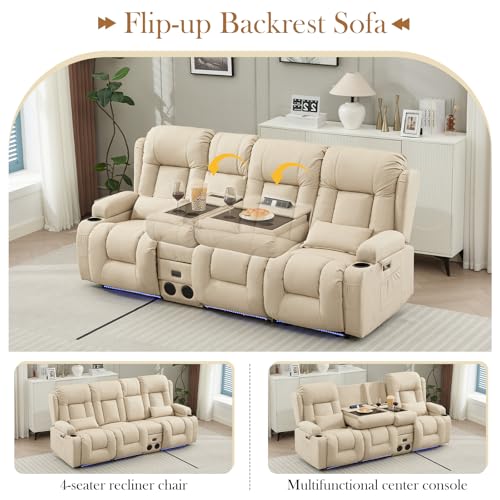 TUNYI Power Loveseat Recliner Sofa with Massage & Heat Home Theater Seating with Console RV Recliner Loveseat Sofa with USB/Storage/Side Pocket/LED Light/Speaker (Beige, 3 Seat with Console) - color: Beige, size: 3 Seat with console