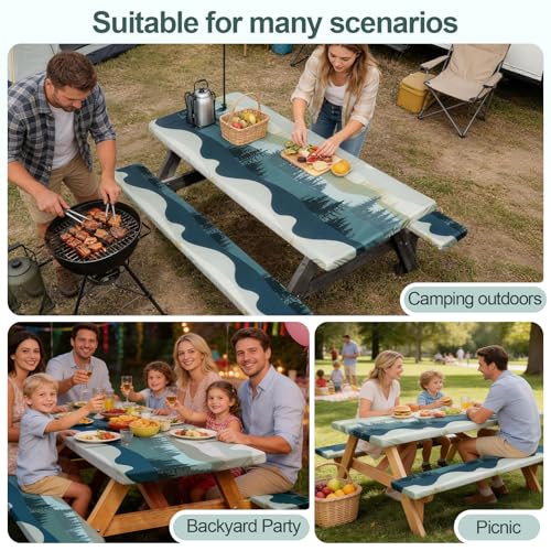 Picnic Table Cover with Bench Covers Camping Essentials Waterproof Windproof Camping Tablecloth with Drawstring Bag, Fitted Rectangle Tables and Seats, 72in, Green Blue - color: Green Blue, size: 72in