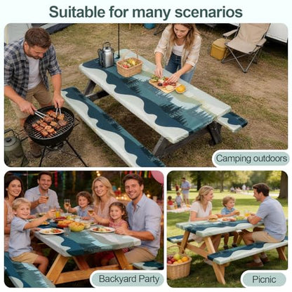 Play Tailor Picnic Table Cover with Bench Covers Camping Essentials Waterproof Windproof Camping Tablecloth with Drawstring Bag, Fitted Rectangle Tables and Seats, 60in, Green Blue - color: Green Blue, size: 60in