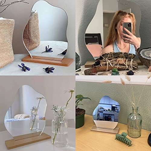 Irregular Aesthetic Vanity Mirror Frameless, Decorative Desk Tabletop Acrylic Mirrors with Wooden Stand for Living Room, Bedroom, Office and Minimal Spaces Home Decor - Cloud Shape