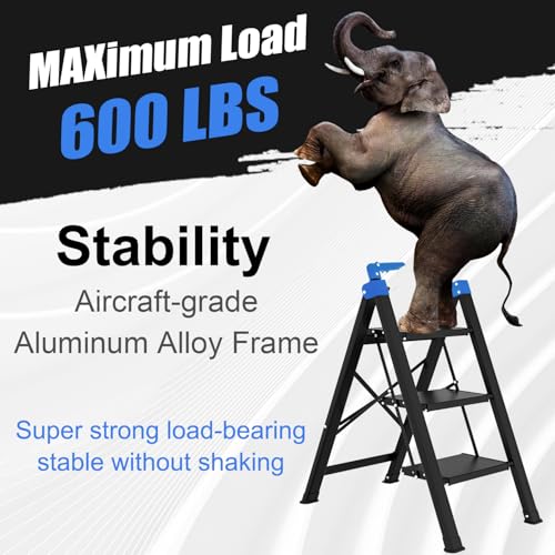 3 Step Ladder,Step Stool Foldable with Single-Handrail,Step Ladder with Anti-Slip Pedals for Home Kitchen Closet,Aluminum Sturdy Material,600lbs Max Load Capacity (Blue) - color: Blue, size: 3 steps