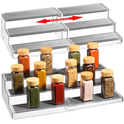 Oizeir Expandable Spice Rack Organizer for Cabinet (2 Pack), 3-Tier Clear Tiered Shelf, Non-Slip Adjustable Spice Cabinet Organizer for Kitchen Pantry, Medicine, Seasoning & Bottle Storage - color: Clear, size: 2-Pack