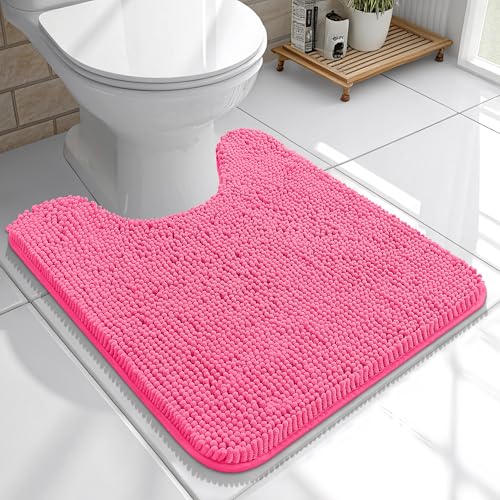 OLANLY Toilet Rugs U-Shaped 20x20, Extra Soft Absorbent Chenille Contour Bathroom Rugs for Toilet, Dry Quickly, Machine Washable, Non-Slip Bath Mat, Hot Pink - color: Hot Pink, size: 20" X 20" Contour Rug