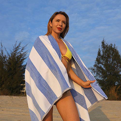 HENBAY Cotton Oversized Beach Towel - Large 70 x 35 Inch Pool Towel, Blue Striped Quick Dry Swimming Cabana Towel - color: Blue