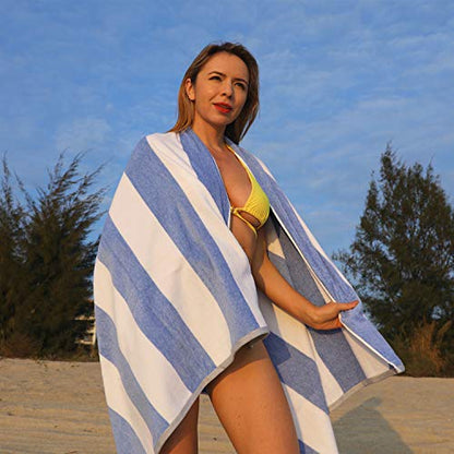 HENBAY Cotton Oversized Beach Towel - Large 70 x 35 Inch Pool Towel, Blue Striped Quick Dry Swimming Cabana Towel - color: Blue