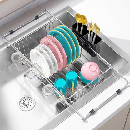 Urackify Dish Drying Rack in Sink, Stainless Steel Expandable Over the Sink Dish Rack with Utensil Holder & Cup Holder, Kitchen Drying Rack for Inside Sink, 15.35" x 11.02" x 4.84", Silver - color: Silver, size: Expandable - 15.35"~23.23“ x 11.02" x 4.84"