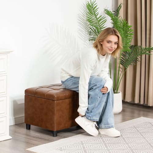 Joveco Storage Ottoman Bench, 32 Inches Faux Leather Rectangle Tufted Foot Stool for End Foot of Bed, Bedroom, Living Room, Creamy Caramel - color: Creamy Caramel