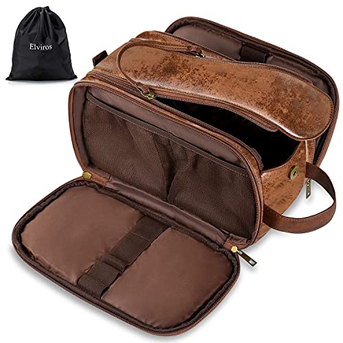Elviros Toiletry Bag for Men, Large Travel Shaving Dopp Kit Water-resistant Bathroom Toiletries Organizer PU Leather Cosmetic Bags Fathers Day Gift (Medium, Dark Brown) - color: Dark Brown, size: Medium (Pack of 1)