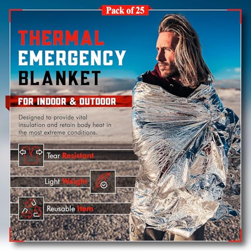 Mart Cobra Emergency Blanket 25-Pack Space Mylar Blankets Survival Gear and Supplies Reusable Thermal Camping Essentials Hiking First Aid Car Emergency Kit Prepper Foil Bug Out Bag Warm Cat Cold Snow - size: 25 Pack