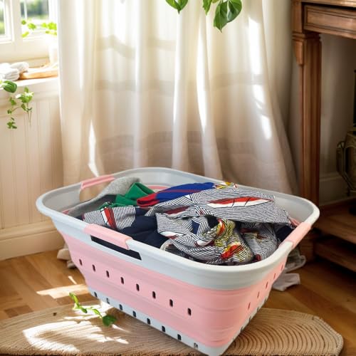 SAMMART 42L (11 gallon) Collapsible Plastic Laundry Basket - Foldable Pop Up Storage Container/Organizer - Space Saving Hamper/Basket (Grey/Quartz Pink) - color: Grey/Quartz Pink