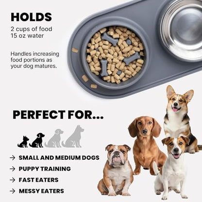 MalsiPree Puppy Slow Feeder & Water Bowl Set - 2-in-1, Gray | 2-in-1 silicone mat with 2 steel bowls - Use for puppies, slow feeding, adoption gifts & training