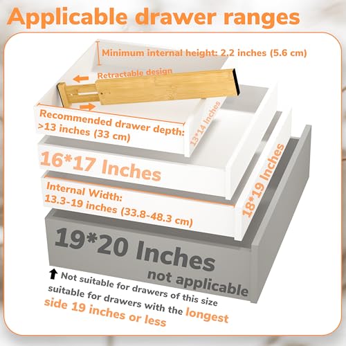BAMEOS Bamboo Expandable Drawer Dividers – Fits 13.3"–19" Drawers, 2" High, Set of 4 | Spring-Loaded Bamboo Separator for Kitchen Island, Bathroom Vanity & Dresser Drawers - size: 2''H, 13.3''-19''L