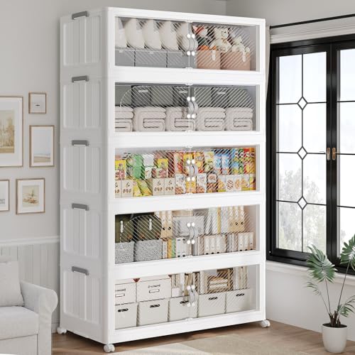 600QT Extra Large Stackable Storage Bins with Lid & Wheels & Doors, 150Gal Foldable Collapsible Closet Organizers, Plastic Cabinet Box Container Drawer for Home Kitchen Bedroom, 5Pack White - style: 5Pack