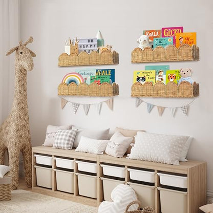 Nursery Book Shelves Set of 2 - Artisanal Natural Rattan Scalloped Book Shelf for Kids Rooms 15.8" W, Cute Wicker Nursery Bookshelf Wall Mounted, Handwoven Floating Kids Bookshelf, Baby Boho Decor