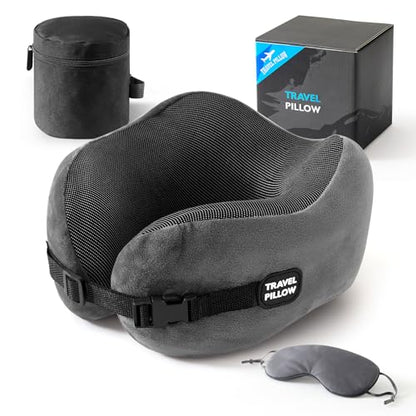 Neck Pillow Travel Pillow - 100% Pure Memory Foam Airplane Pillow with Adjustable Clasp & Removable Cover, Portable Travel Essentials for Long Flights, Car & Office (Dark Gray, with Eye Mask) - color: Dark Gray, With Eye Mask