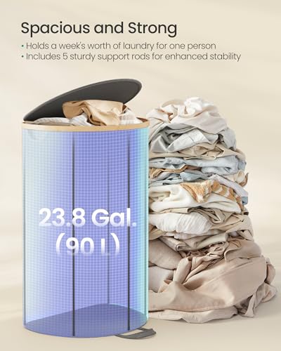 SONGMICS Laundry Hamper, Laundry Basket with Lid, 23.8 Gal. (90 L), with Removable Liner Bag, for Laundry Room, Bedroom, Living Room, Slate Gray and Light Bamboo ULCB547G01 - color: Slate Gray, size: 90 L (1-Section with Half Moon)