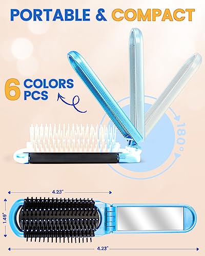 6 PCS Folding Travel Hairbrush Set with Compact Mirror for Women - Mini Pocket Brush with Mirror for Purse and Girls