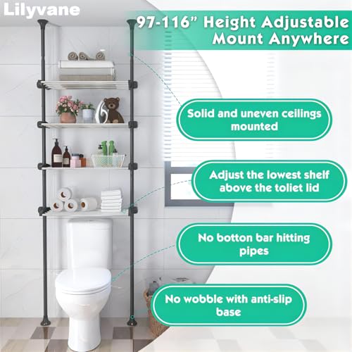 Lilyvane 4 Tiers Over Toilet Storage, 97 to116” Adjustable Tension Pole Over Toilet Bathroom Organizer, Standing Bathroom Shelves Over Toilet for Showers,Black