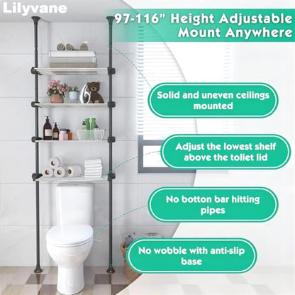 Lilyvane 4 Tiers Over Toilet Storage, 97 to116” Adjustable Tension Pole Over Toilet Bathroom Organizer, Standing Bathroom Shelves Over Toilet for Showers,Black