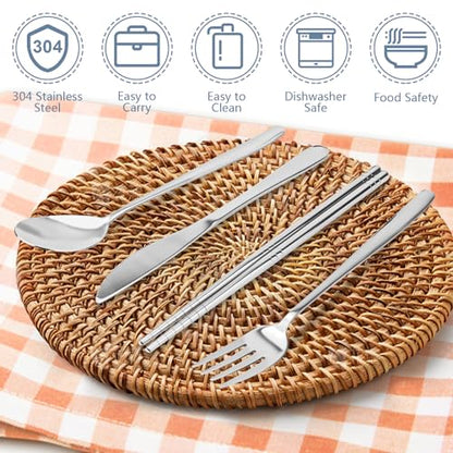 5 Piece Rsiynax Portable Travel Utensils Set with Case, Premium 304 Stainless Steel Camping Utensils Set, Reusable Silverware for Camping, Lunch, Work, School, etc, Easy to Clean (Silver)