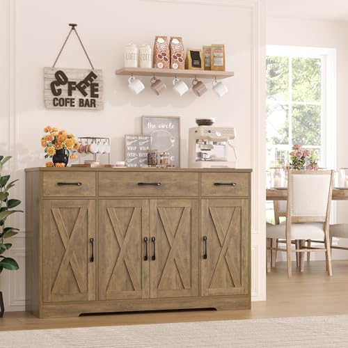 HOSTACK Buffet Sideboard Cabinet with Drawers, 55" Large Buffet Storage Cabinet with Shelves and Doors, Modern Farmhouse Coffee Bar Station Wood Kitchen Table for Kitchen, Dining Room, Rustic Brown - color: Rustic Brown