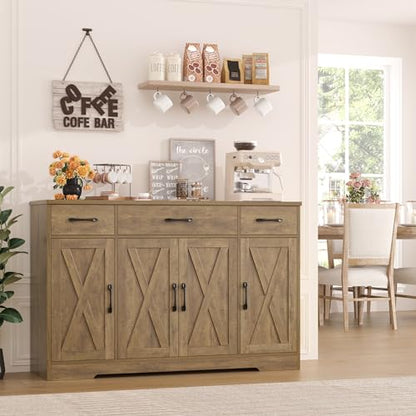 HOSTACK Buffet Sideboard Cabinet with Drawers, 55" Large Buffet Storage Cabinet with Shelves and Doors, Modern Farmhouse Coffee Bar Station Wood Kitchen Table for Kitchen, Dining Room, Rustic Brown - color: Rustic Brown