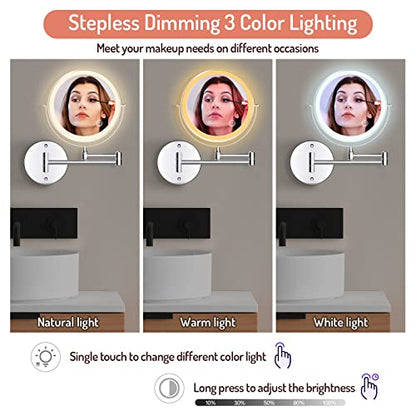 Rocollos Rechargeable Wall Mounted Lighted Makeup Mirror, 8 Inch Double-Sided LED Vanity Mirror 1X/7X Magnification,3 Color Lights Touch Screen Dimmable 360°Swivel 13 Inch Extendable - color: 8 Inch 7x Chrome