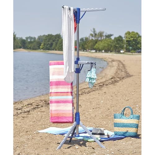 Household Essentials 5012-1 Portable 2-Tier Clothes Drying Rack Tri-pod | Dry Wet Laundry or Hang Clothes | Silver and Blue - size: Large