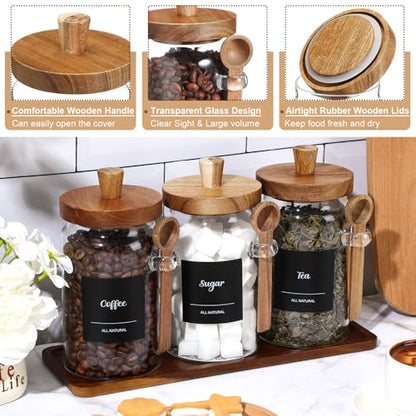 Suclain 3 Pcs Glass Coffee Container with Wooden Lid Spoon Shelf Labels Clear Airtight Jar Food Storage Canister Set for Sugar Spice Coffee Bean Holder Housewarming Gift(25 oz,Acacia Brown) - size: 25 oz