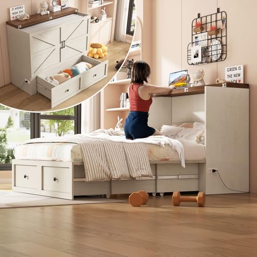 AMERLIFE Full Murphy Bed with Storage & Charging Station, Farmhouse Murphy Cabinet with Foldable Panel, Noisy Free, for Guest Bedroom, Living Room, Office, Distressed White - color: Distressed White, size: Full