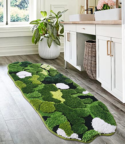 Hifuwan Cute Green Moss Bathroom Runner Rug Long Rectangular Boho Aesthetic Leaf Leaves Bath Mat Shaggy Non Slip Absorbent Shower Mat Decor - size: 1'8" x 3'7" (Rectangular)