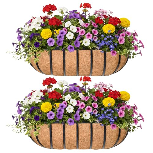 24“ Window Box Railing Planter with Coco Liner Metal Wall-Mounted Coconut Liner Planter Basket English Horse Trough Planters for Outdoor Deck Balcony Porch Fence Patio Black (2 Pack) - size: 24 Inch