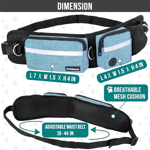 PetAmi Hands Free Dog Leash, Dog Running Leash Belt Bag for Walking, Jogging, Dog Waist Double Zipper Pouch with Poop Bag Dispenser, Dual Padded Handles Reflective Bungee Leash, Single (Turquoise) - color: Turquoise, size: 1 Leash