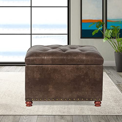 Leather Ottoman with Storage,24’’Foot Rest Ottomans with Hinged Lid Rectangle Upholstered Foot Stools Nailhead Trim for Living Room Bedroom,Brown - color: Brown