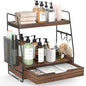 2-Tier Bathroom Counter Organizer with Drawer and Removable Basket, Wood Vanity Countertop Storage for Perfume, Makeup, Skincare, Bathroom Counter Shelf, 13" x 7.9" x 14.5", Dark Brown - color: Dark Brown