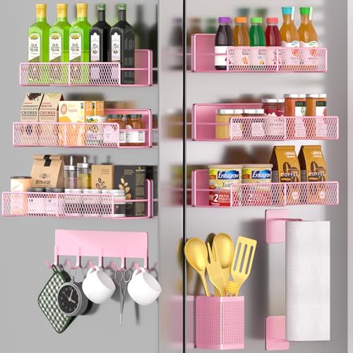 Magnetic Spice Rack for Refrigerator, 10 Pack Metal Magnetic Shelf, Moveable Spice Organizer with Hook Rack, Paper Towel Holder, Kitchenware Holder, Strong Magnetic Storage Fridge Organizer Pink - color: Pink, style: 10 Pack