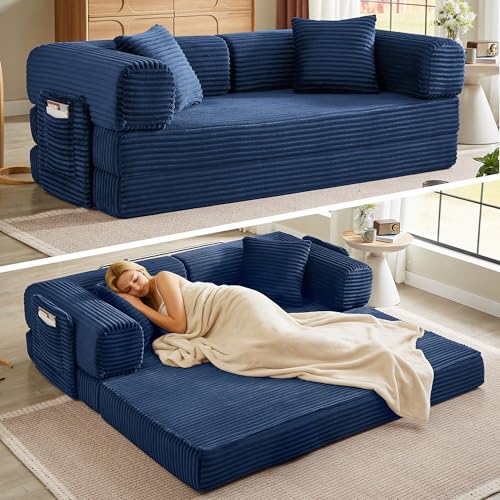 Boneless Couch Futon Sofa Bed Sectional Couches for Living Room,Cloud Couch with Sleeper Sofa,Sofas for Living Room Oversized Corduroy Upholstered (Blue, 81 Inches (with Iron Frame)) - color: Blue, size: 81 Inches