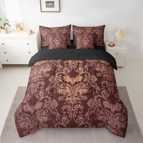 Erosebridal Gothic Damask 7 Piece Comforter Set Full Bed in a Bag,Halloween Bat Bedding Sets Brown Victorian Floral Goth Sheet Set with Comforter - color: Multi 05, size: Full(7-Pieces)