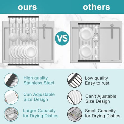 Extra Large Expandable Roll Up Dish Drying Rack,Over The Sink Drying Rack Sink Cover Kitchen Sink Accessories Kitchen Rolling up Stainless Steel Drainer, Foldable,Rollable（Black，22.8''-12.4''） - color: Black, style: 16 tubes，expandable