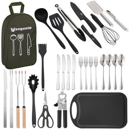 Wesqunie Camping Essentials Cooking Utensils Set - 30Pcs Stainless Steel & Silicone Camp Kitchen Cookware Set, RV Picnic Grill Equipment - color: green-pro