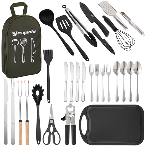 Wesqunie Camping Essentials Cooking Utensils Set - 30Pcs Stainless Steel & Silicone Camp Kitchen Cookware Set, RV Picnic Grill Equipment - color: green-pro