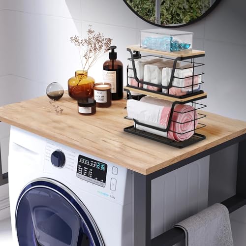 2 Pack Trash Bag Dispenser & Garbage Holder – Stackable Wall Mount Storage Organizer with Bamboo Top, No Drill Roll Holder for Kitchen, Bathroom, Laundry & Under Sink Countertop Organization