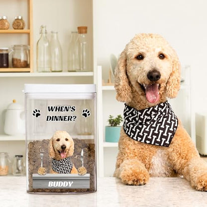 CALLIE Personalized Dog Food Storage Container, Airtight Cat Dog Treat Jar with Photo and Name, Pet Supplies Birthday Gift for Pet Owners Lovers, 6.3×4.13×3.35 Inch