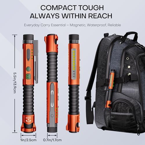 EDC Flashlight Rechargeable,800 Lumen Small Flashlight with Magnetic Clip & Base, 11 Modes LED Flashlight,Glass Breaker&Bottle Opener, USB-C Flashlight for Working,Home and Emergency - color: Orange